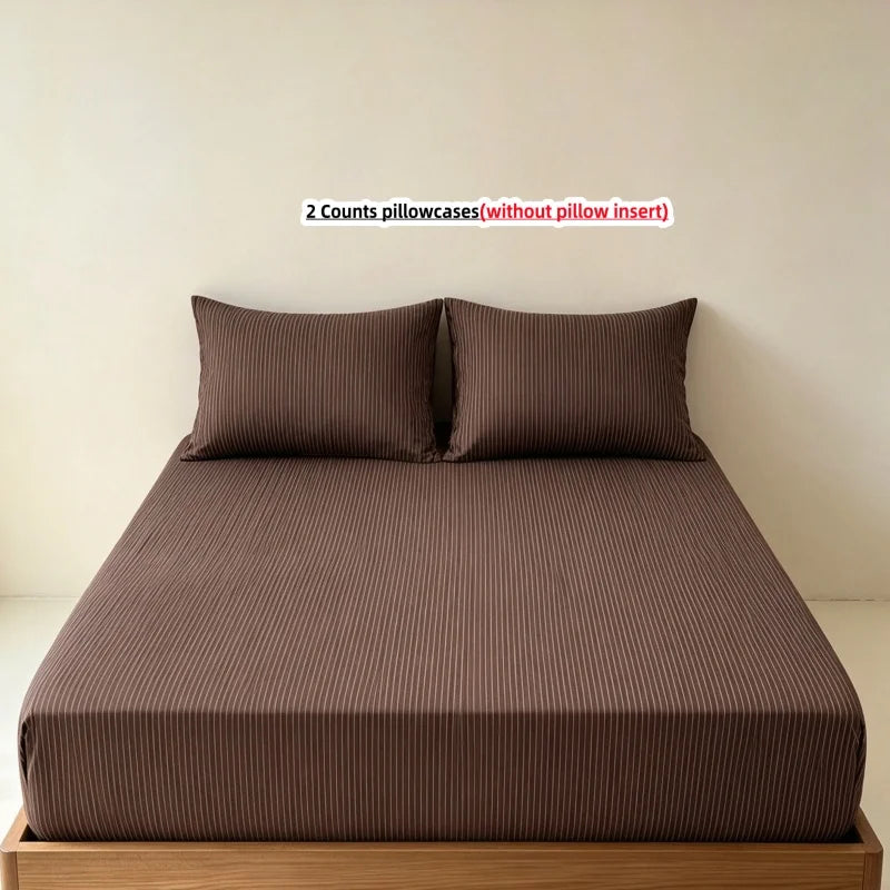 3-Piece Stripe Fitted Sheet Set – Elastic Anti-Slip Adjustable Mattress Cover with 2 Pillowcases, Fits 39–86.6 in (100–220 cm)