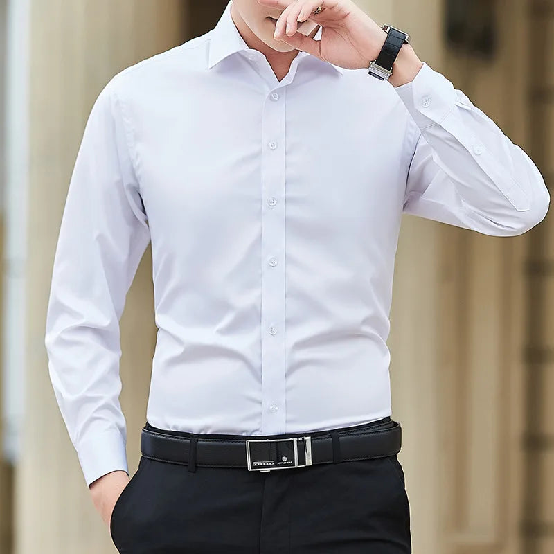 Plus Size Men’s Long Sleeve Business Shirt - Slim Fit Solid White Dress Shirt Sizes M–8XL
