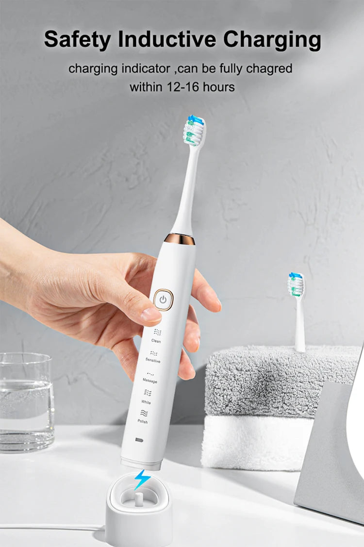 Sonic Ultrasonic Electric Toothbrush Rechargeable USB Type-C, 8 Replacement Brush Heads, Waterproof, Whitening, 5 Modes
