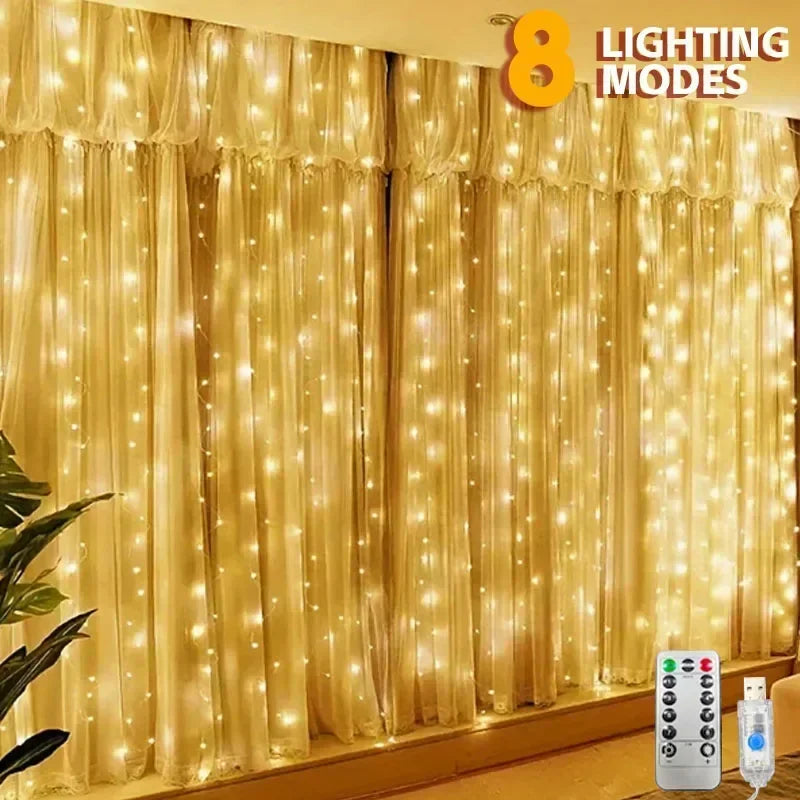 LED Fairy Curtain String Lights 8-Mode Remote USB Festoon for Christmas and Holiday Home Decor