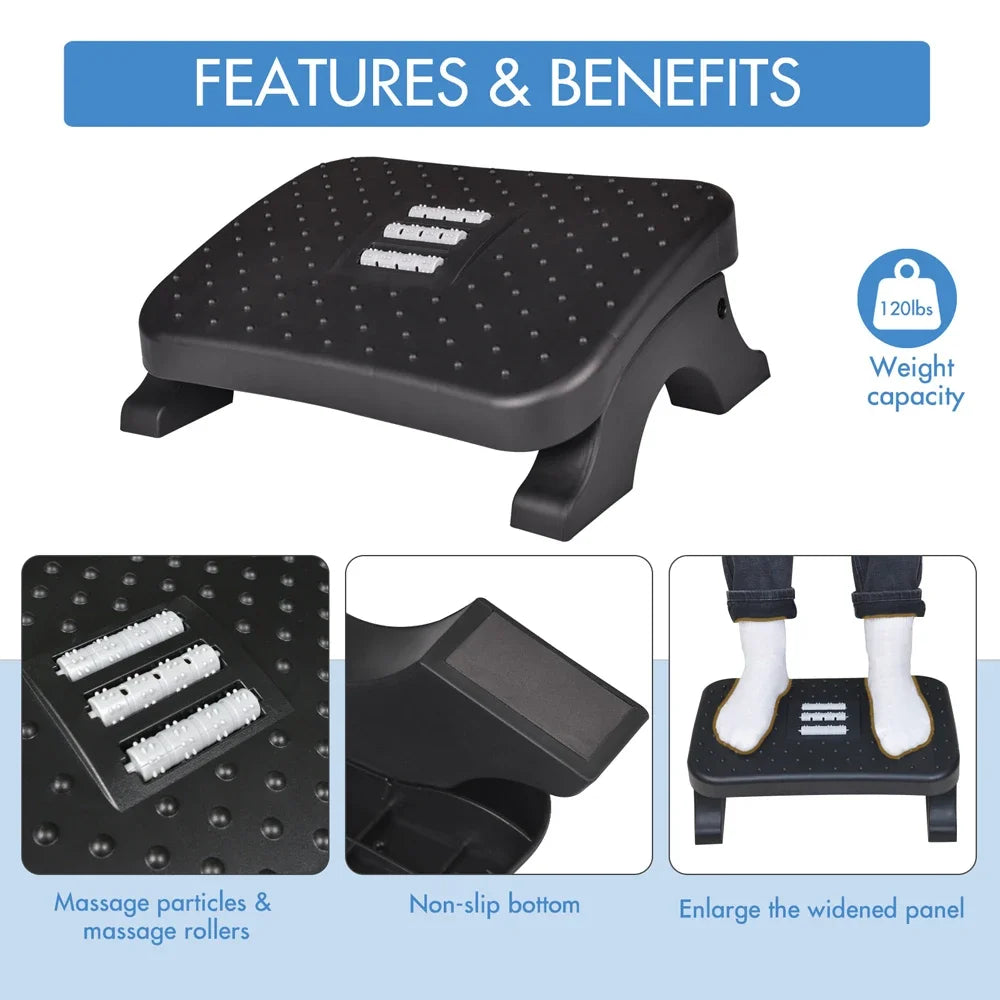 Ergonomic Under-Desk Footrest with Massage Rollers, Adjustable Height, 120 lb (54 kg) Capacity, Pain Relief for Office & Home