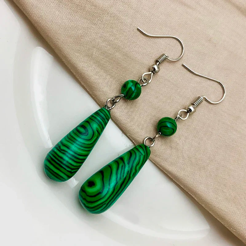 Korean Natural Stone Drop Earrings – Handmade Malachite & Tiger Eye Statement Earrings for Women Party Gift
