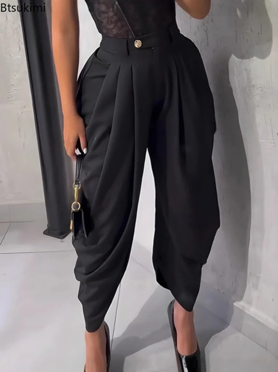 High-Waisted Pleated Wide-Leg Cropped Pants for Women – Loose Harem Skirt-Pant, Casual