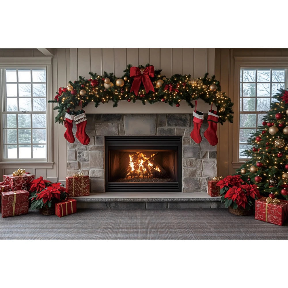 Christmas Photography Backdrop - Red Curtain & Window Scene with Snowy Bear and Gifts for Kids & Family Portraits