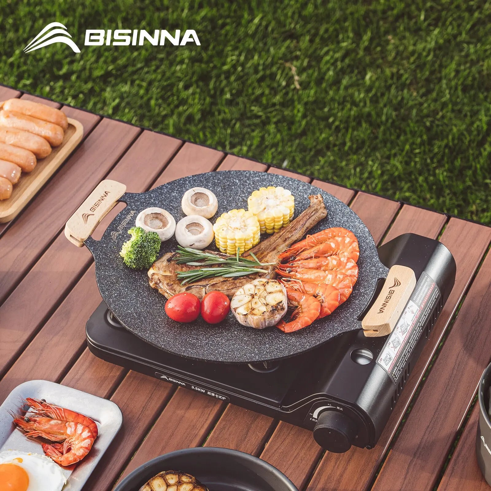 30cm (11.8in) Non-Stick BBQ Grill Pan – Stovetop & Camping Korean-Style Grill Plate with Wooden Handle