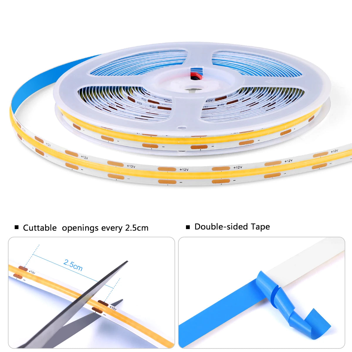FanzyMarket COB LED strip light with penetrable touch dimmer, waterproof 12V cabinet and closet lighting, 1m to 5m lengths, warm to cool.