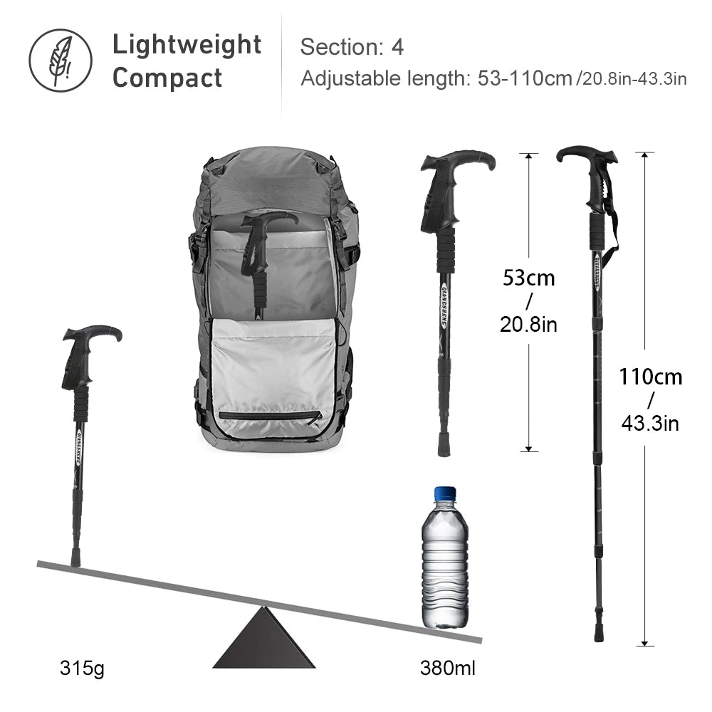 Folding 4-Section Telescopic Trekking Pole - Lightweight Aluminum Hiking Stick with T-Handle, Adjustable 21-43 in (53-110 cm)