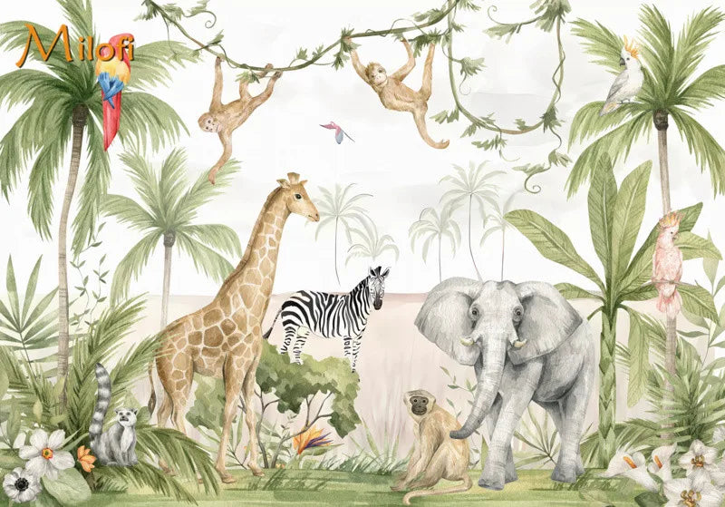 Custom Watercolor Jungle Animal Peel-and-Stick Wall Mural - Giraffe Elephant Zebra Nursery & Kids Wallpaper