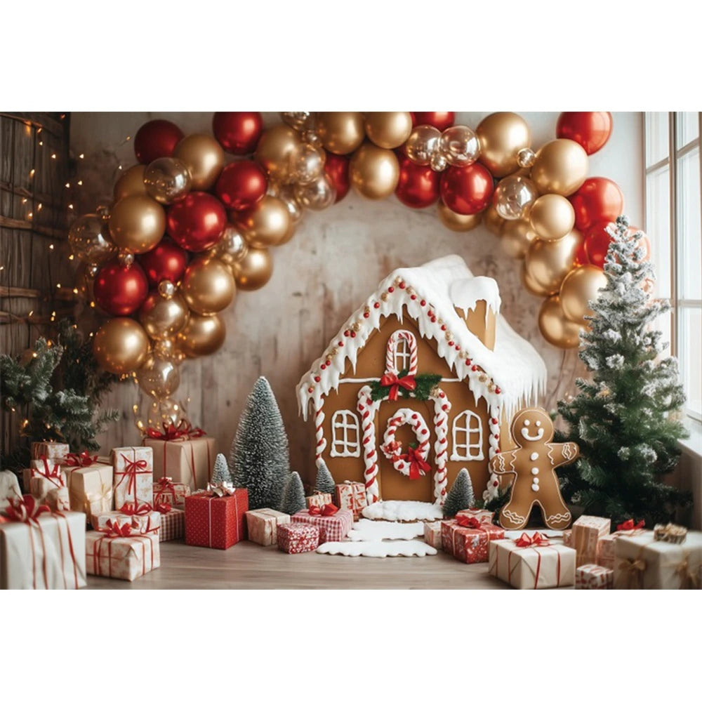 Christmas Fireplace Photography Backdrop — Gingerbread House & Wooden Window Holiday Photo Background for Kids & Family