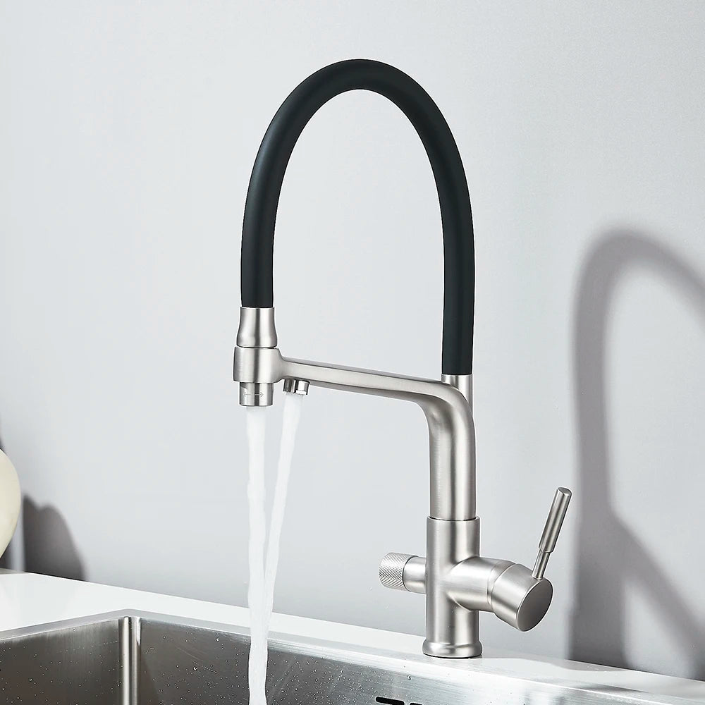 Brass Kitchen Water Filter Faucet Dual-Spout Mixer – 360° Swivel Filtered Drinking Tap, Hot & Cold
