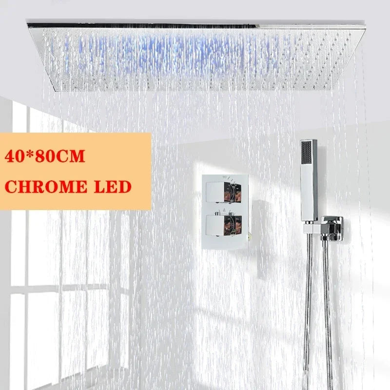 Big Black Thermostatic Ceiling-Mounted Rainfall Shower System with Hand Shower – Thermostatic Mixer Tap, 150 cm (59 in) Hose, 400+ mm (15.7+ in) Rain Head