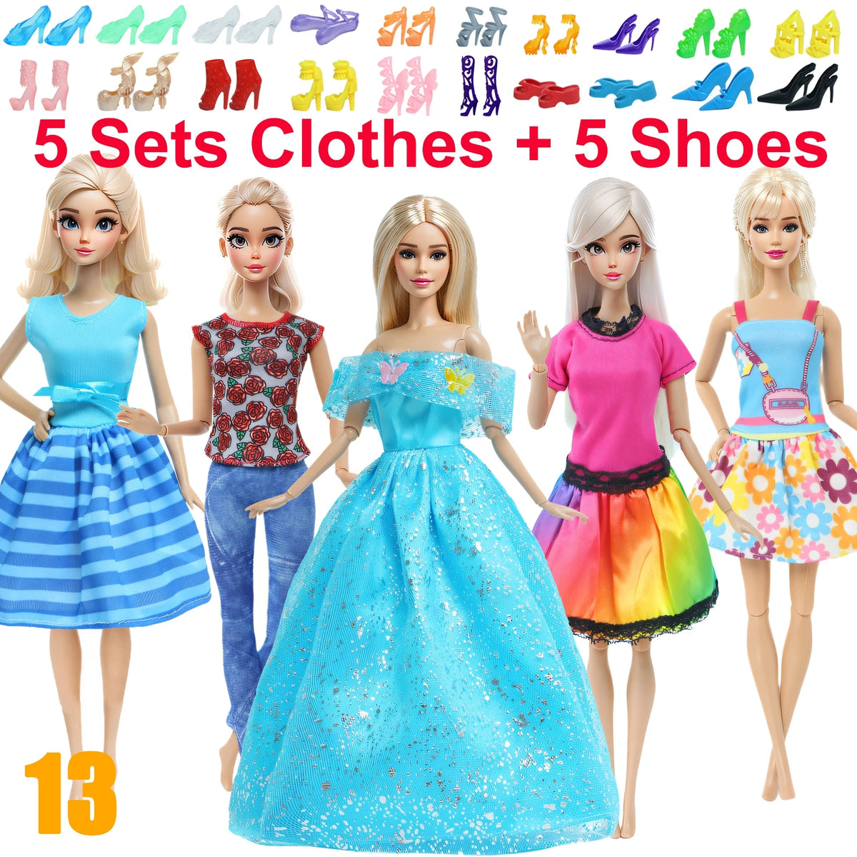 10-Piece 1/6 Scale Doll Clothes Set for 11.5–12 in (30 cm) Dolls — Dresses, Shirts, Pants & Shoes