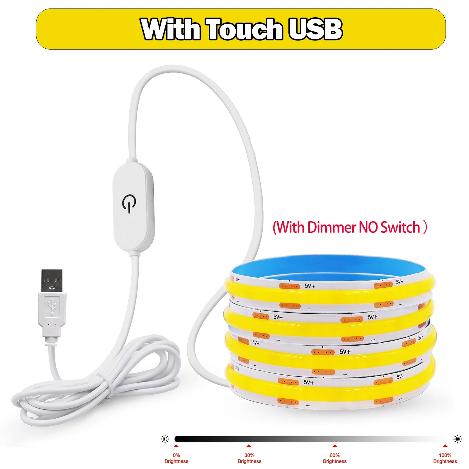 5V COB LED Strip Light USB Dimmable Touch Sensor Flexible Adhesive Tape TV Backlight
