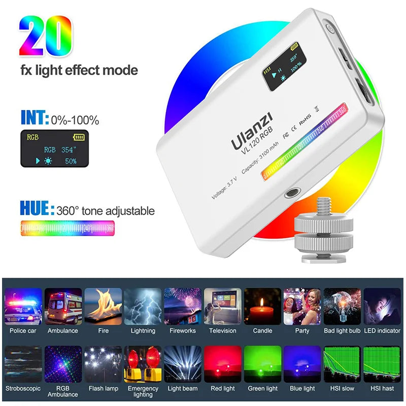 Full-Color RGB + White LED Video Light 2500K–8500K Dimmable for Camera, Vlog & Live Streaming — USB-C Rechargeable Portable Fill Light