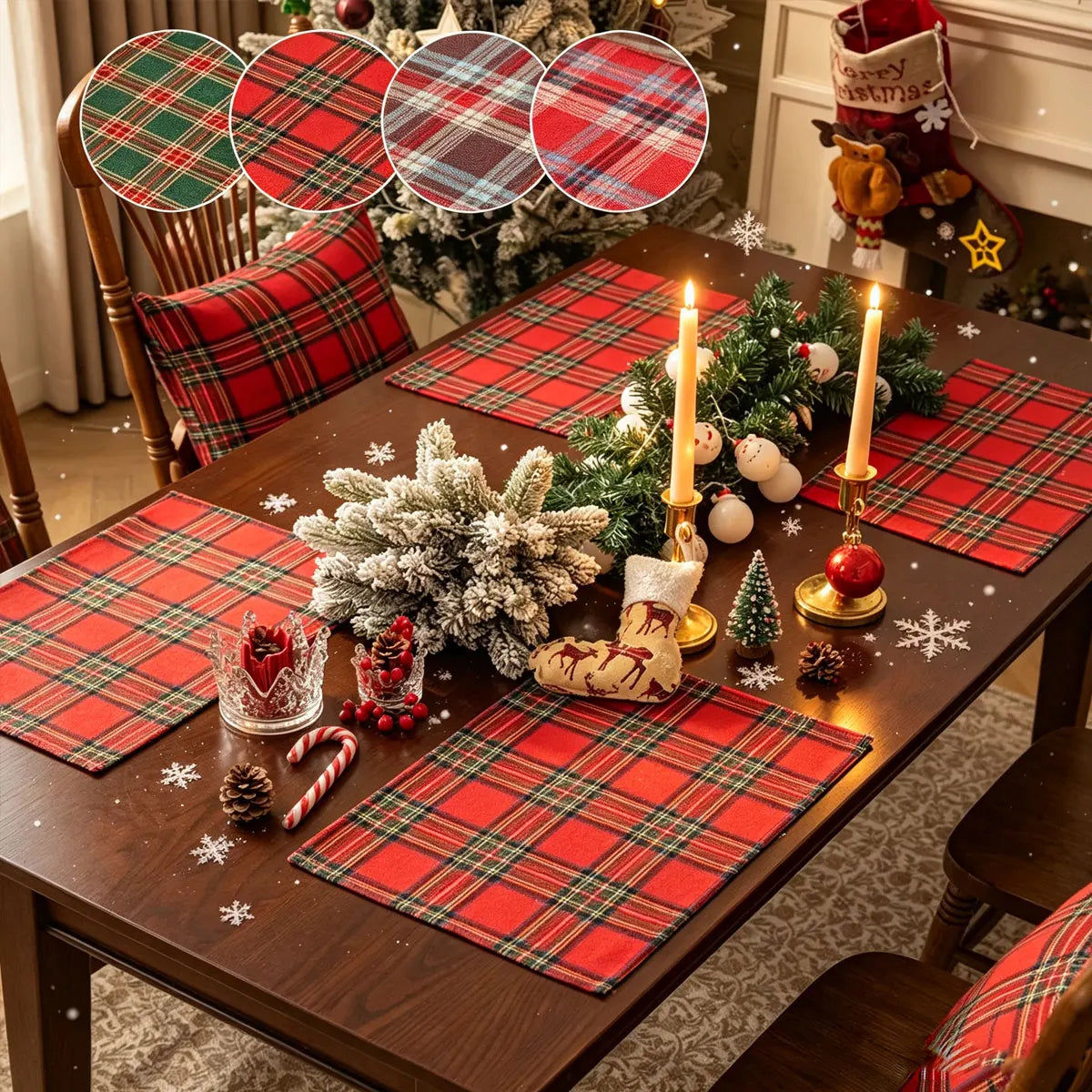 Christmas Tartan Plaid Placemats - 2/6/12 Pack Washable Table Mats for Holiday Dining & Party Decor