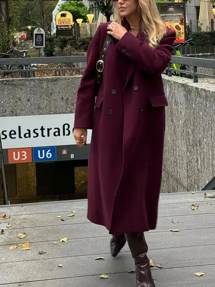 Women's Burgundy Double-Breasted Wool-Blend Coat - Long Sleeve Lapel Jacket, Autumn Winter Outerwear