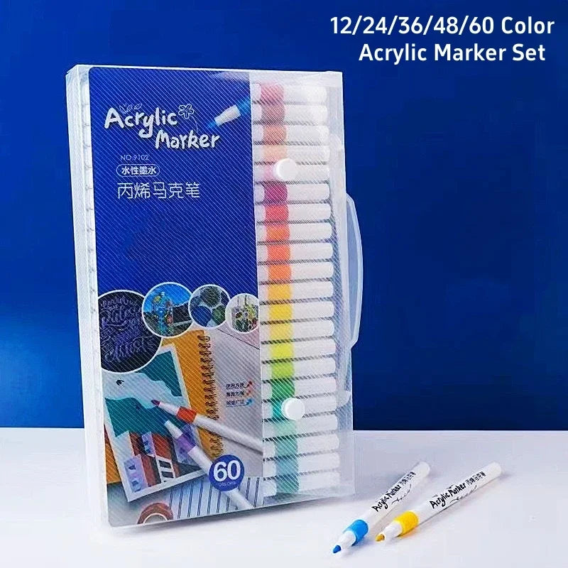 Acrylic Paint Marker Pens – 12/24/36/48/60 Color Sets in PVC Case | Quick-Dry Waterproof Soft Tip for Fabric, Ceramic, Glass, Wood, Stone
