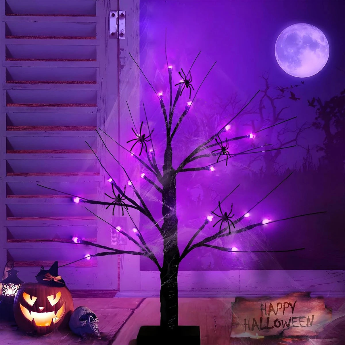 24-LED Black Birch Tree Table Lamp with Stretch Cobweb & 5 Spiders – Halloween Party LED Home Decor