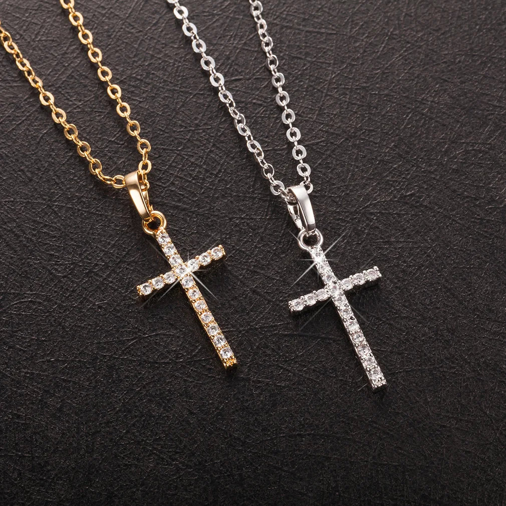 Zircon Cross Pendant Necklace – Rhinestone Hip Hop Pendant Chain, Unisex Fashion Jewelry
