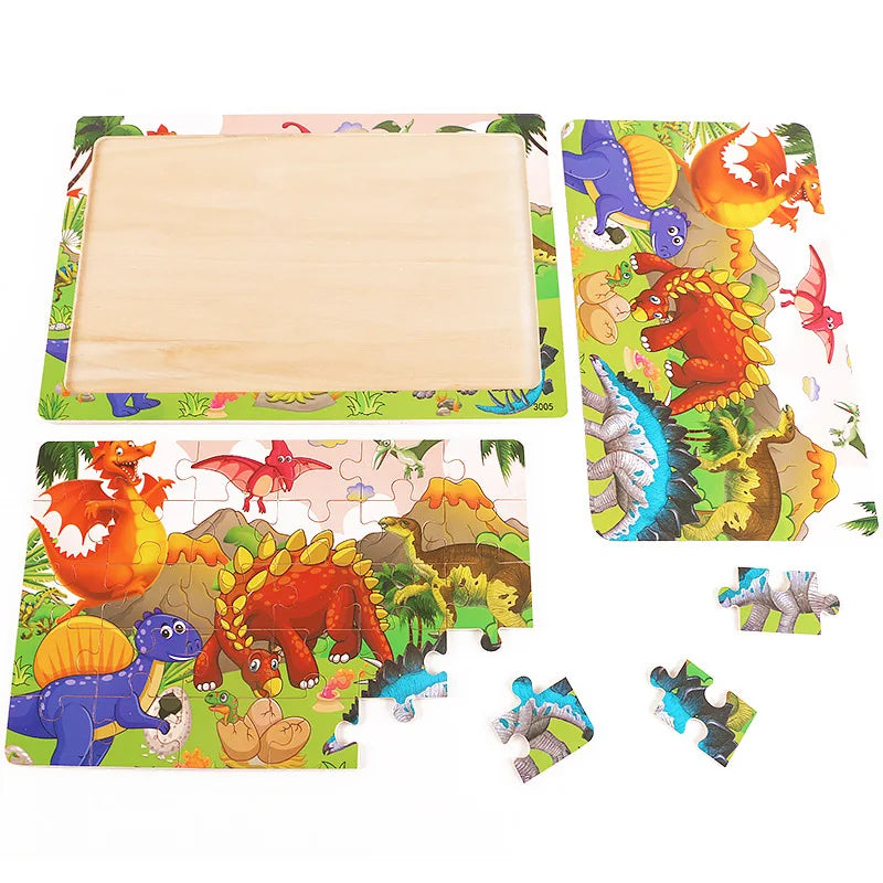 30-Piece Wooden Jigsaw Puzzle for Kids, Cartoon Animals & Vehicles, Early Learning Toy
