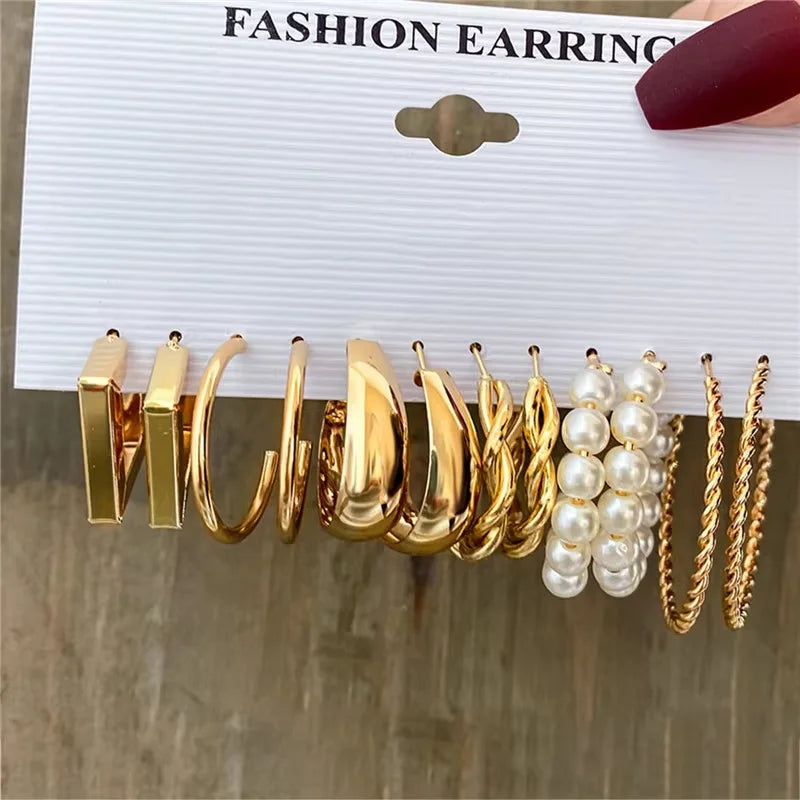 Geometric Hoop Earring Set for Women - Bohemian Pearl & Gold Drop Earrings, Vintage Punk Daily Wear Jewelry Gift