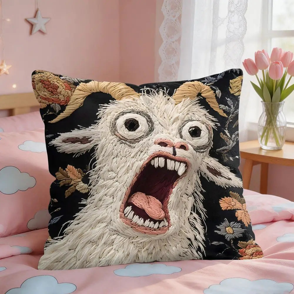 Spooky Goat Face 2D Short Plush Square Cushion Cover 16x16 in (40x40 cm) Sofa Throw Pillow Case