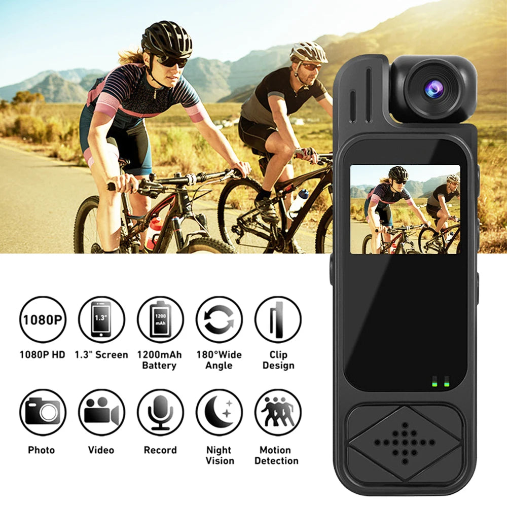 1080P Mini Camera with Infrared Night Vision & 180° Rotating Lens — Portable Body Camera with 1.3-inch Screen, Type-C, 1200mAh, Supports up to 128GB