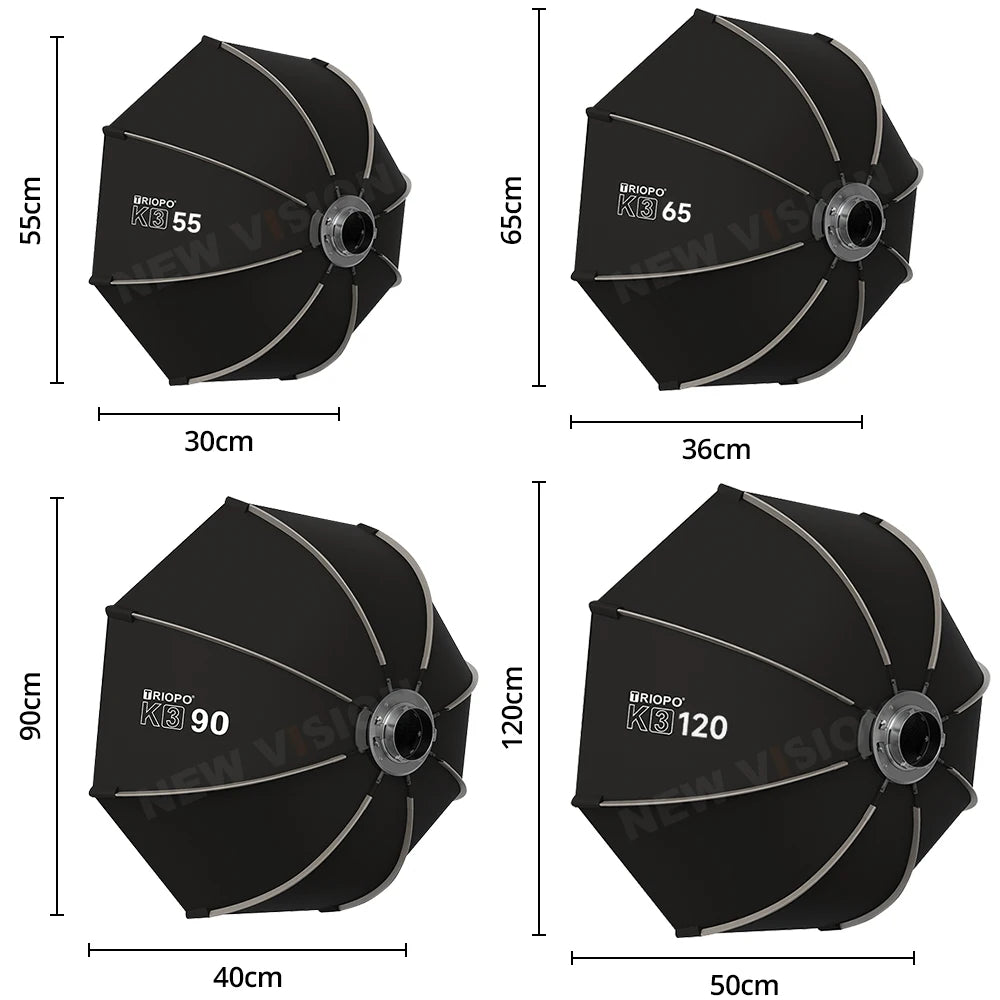 Quick-Setup Octagon Softbox with Bowens Mount — 55/65/90/120cm (21.7/25.6/35.4/47.2 in) for Studio LED Video Lights