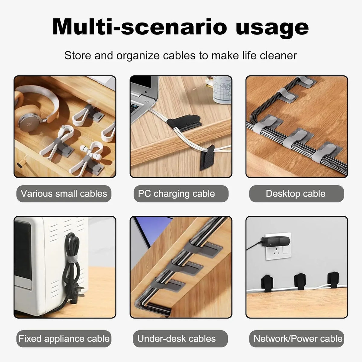 Reusable Self-Adhesive Cable Ties and Clips – Adjustable Power Cord Holder Desktop Cable Organizer