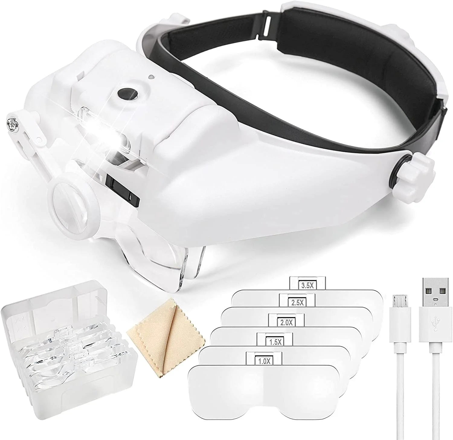 Rechargeable LED Headband Magnifier with Interchangeable Lenses – Adjustable Hands-Free Loupe for Soldering, Jewelry & Crafting