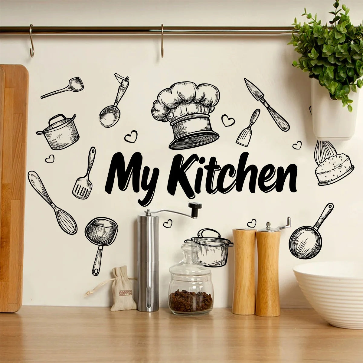 1-Piece Kitchen Utensils Self-Adhesive PVC Wall Sticker Waterproof Kitchen & Dining Room Decor