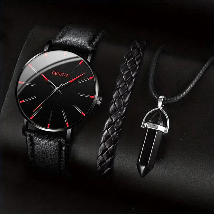3-Piece Men's Leather Band Quartz Watch Set – 41mm Case, Necklace & Bracelet