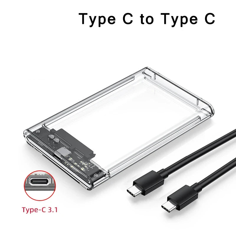 Transparent 2.5-Inch HDD/SSD Enclosure – SATA III to USB 3.0 Type-C, Tool-Free Portable External Drive Case (7mm/9.5mm, up to 2TB)