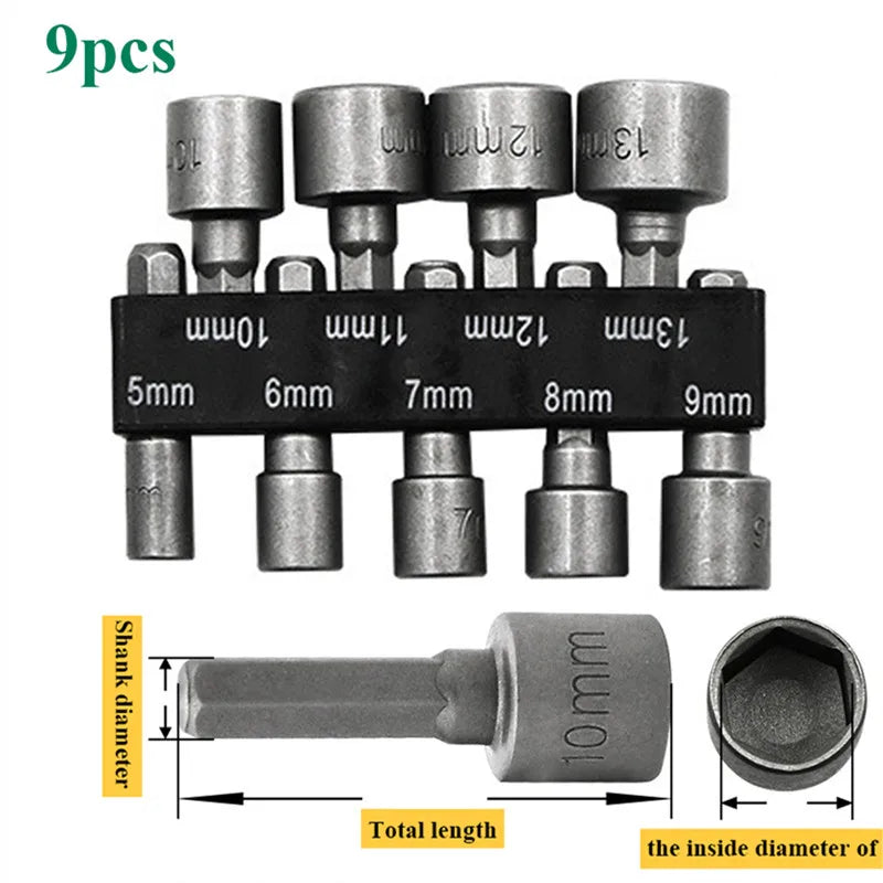 Hex Socket Nut Driver Bit Set – 9/14/23-Piece 5mm–13mm (0.19–0.51in) Sockets | 1/4" (6.35mm) Hex Shank for Power Drills & Screwdrivers