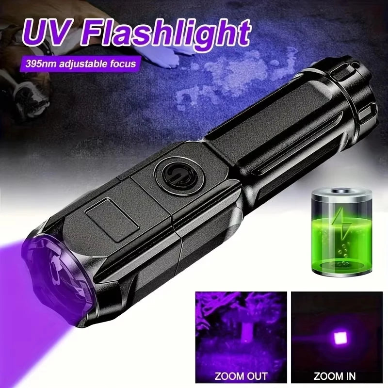 395nm UV LED Flashlight Rechargeable Zoomable - Portable Pet Urine & Bed Bug Detector, Money and Scorpion Finder