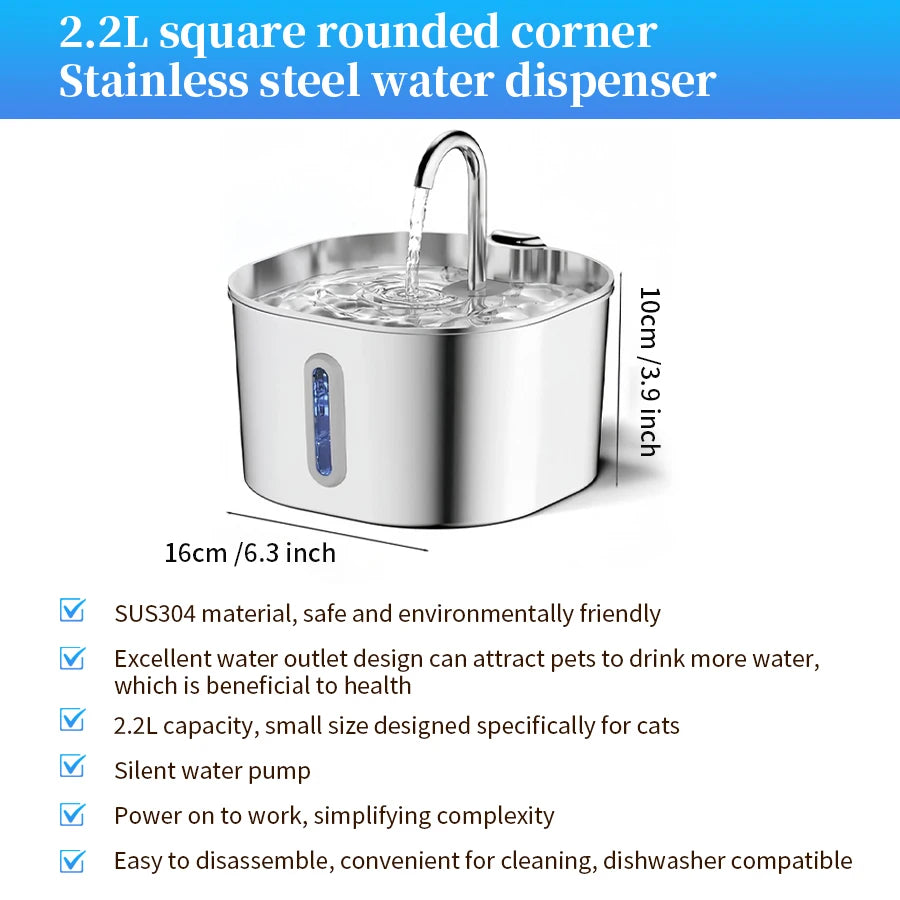 Large Stainless Steel Pet Water Fountain 2.2L view 2