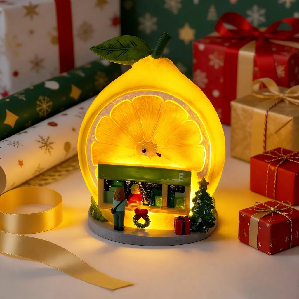 Lemon-Shaped LED Light-Up Christmas Ornament - Juices & Coffee Shop Snowy Village Figurine