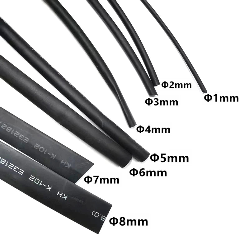 Black Heat Shrink Tubing 5 m (16.4 ft) Lot – Multiple Diameters 1mm–10mm, Insulation Sleeve Rated 125°C