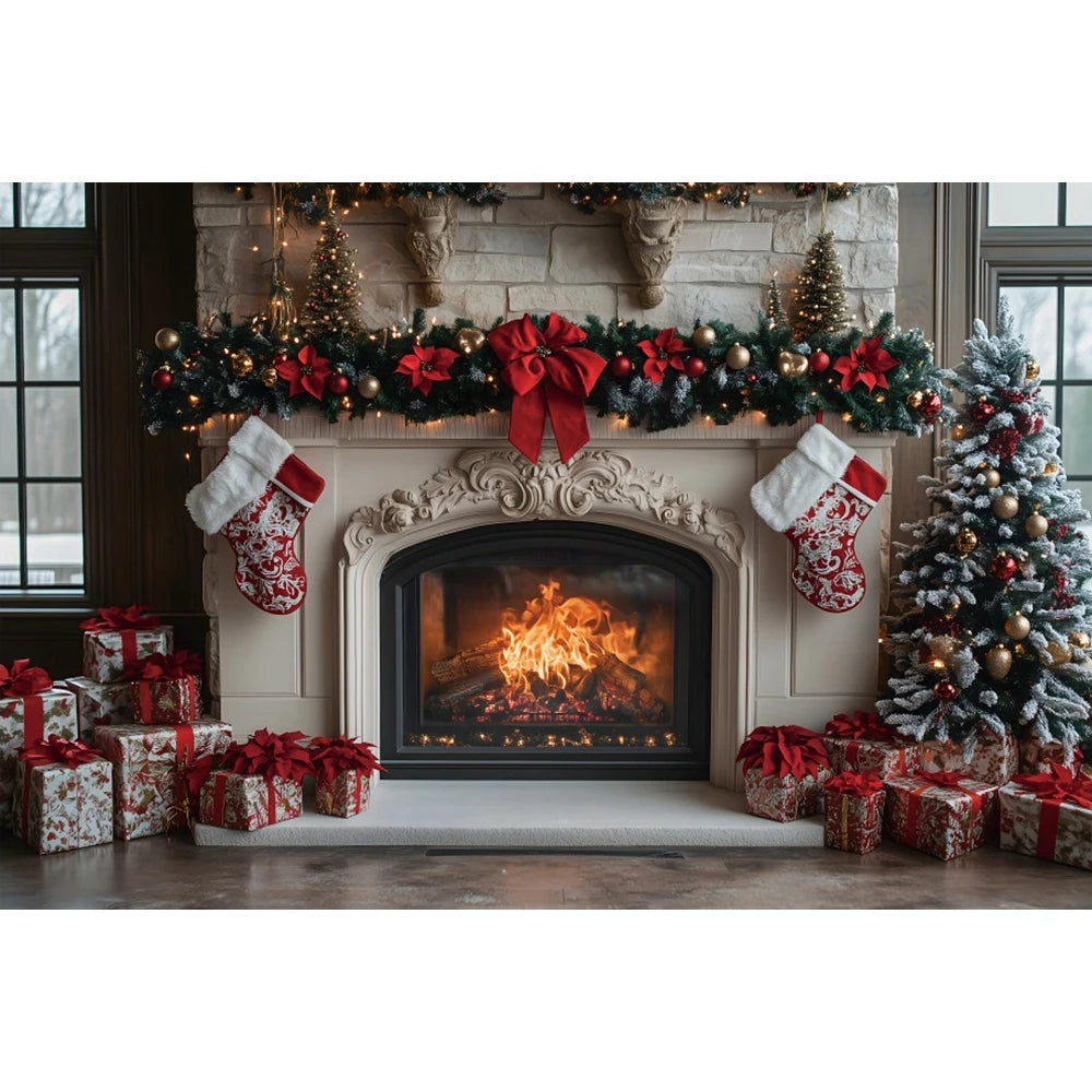 Christmas Photography Backdrop - Red Curtain & Window Scene with Snowy Bear and Gifts for Kids & Family Portraits