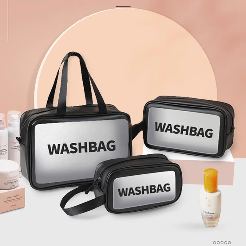 Transparent Black Waterproof PVC Travel Makeup Bag, Large Capacity Cosmetic Organizer (3 Sizes)
