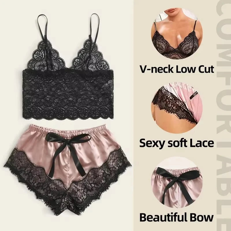 2-Piece Women's Lace Sheer Pajama Set - Breathable Suspender Camisole and Shorts, Black and Pink