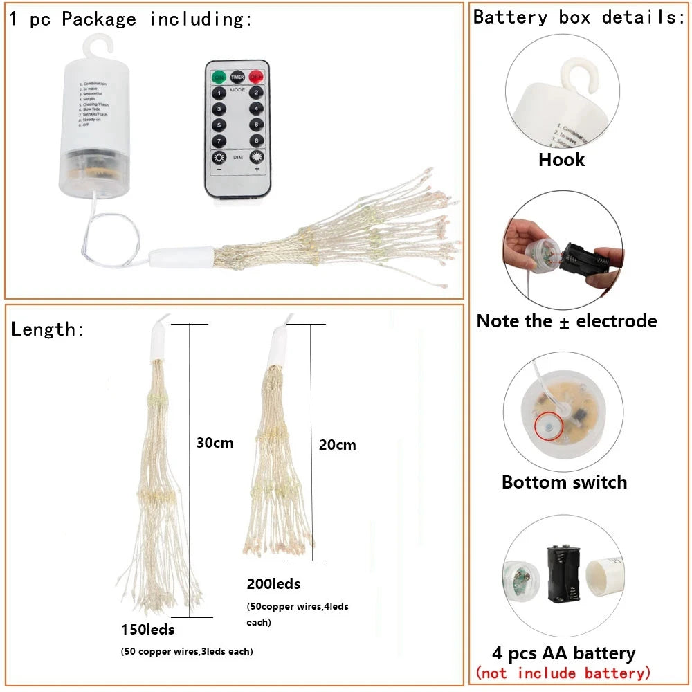 150/200 LED Starburst Fairy String Lights – Firework Twinkle Garland with Remote, Battery-Operated Christmas & Party Decor