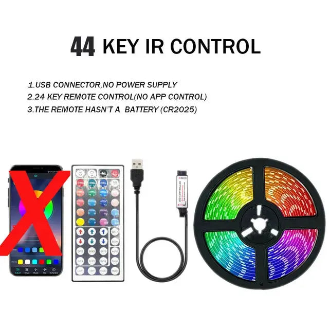 RGB LED strip light by FanzyMarket with Bluetooth and WiFi, 1m-30m length, backlighting for TVs, bedrooms, and living rooms.