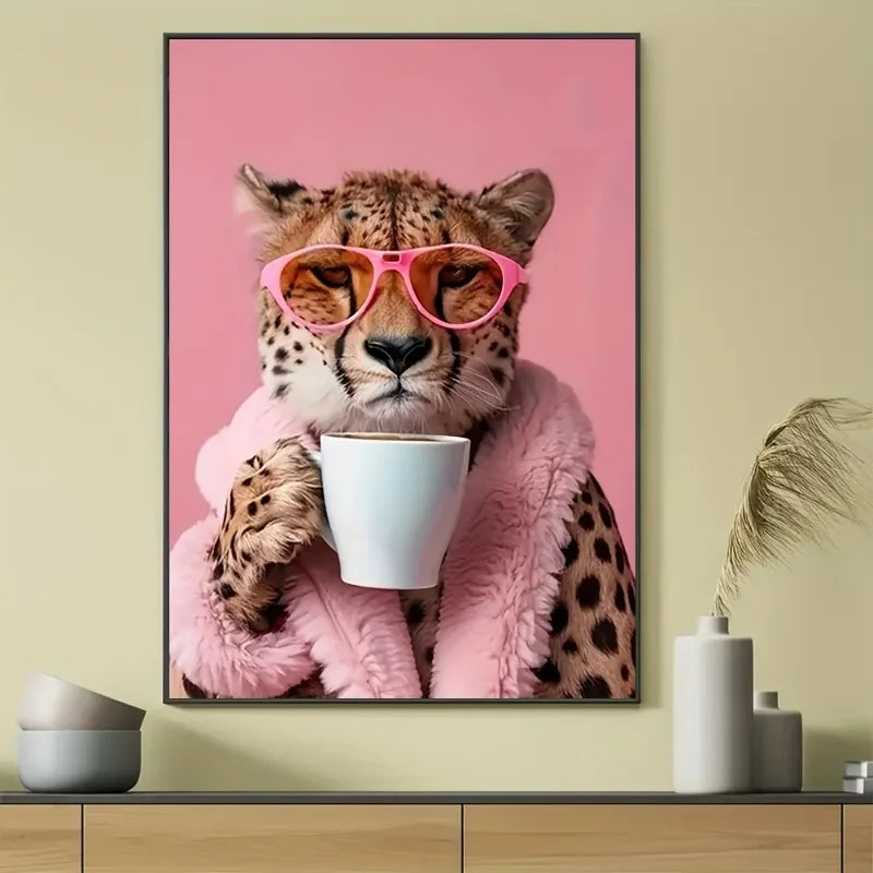 Cheetah Drinking Coffee Canvas Art Print, Frameless Animal Wall Decor for Home Office Cafe