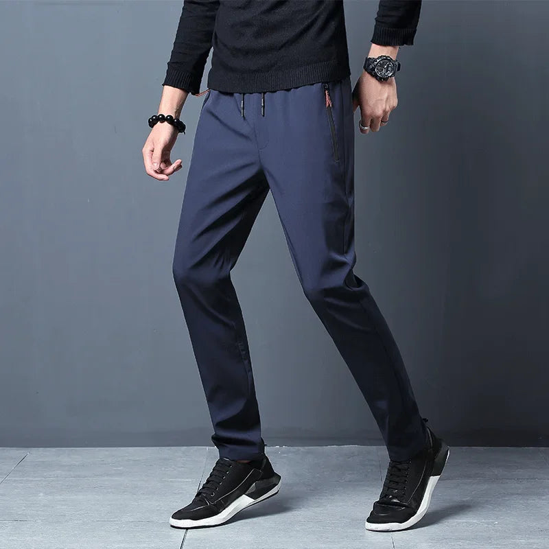 Men's Straight Slim Fit Casual Jogger Pants, Elastic Waist, Korean Style, Blue/Black/Gray, Plus Size