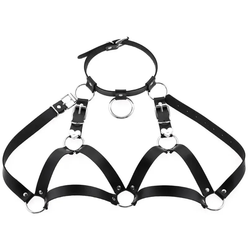 Black Goth Faux Leather Body Harness Chain Chest Belt Top for Punk Rave Festival