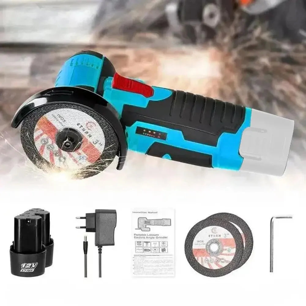 12V Mini Cordless Angle Grinder 76mm (3-inch) — Rechargeable Cutting, Grinding & Polishing Tool for DIY