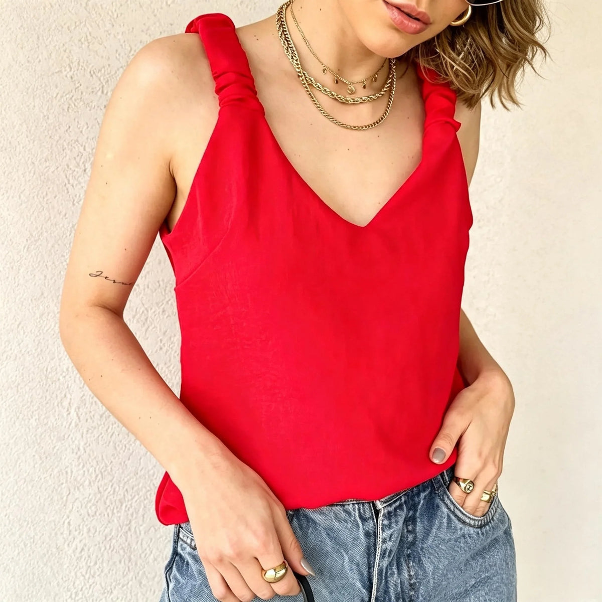Collared V-Neck Waist-Fit Vest Top for Women — Pleated Camisole, Trendy Festival Style