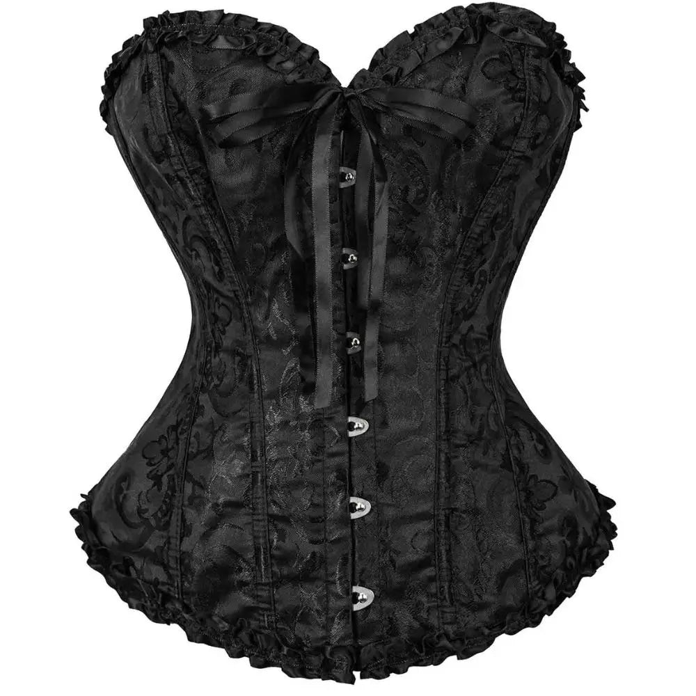 Women's Victorian Gothic Overbust Corset Bustier - Jacquard Brocade Front Busk Waist Cincher