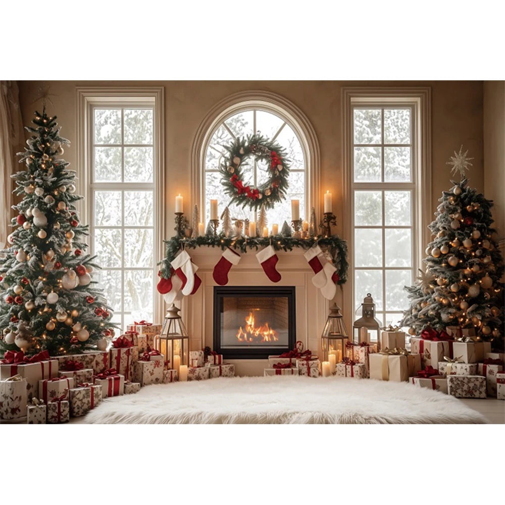 Christmas Fireplace Photography Backdrop — Gingerbread House & Wooden Window Holiday Photo Background for Kids & Family